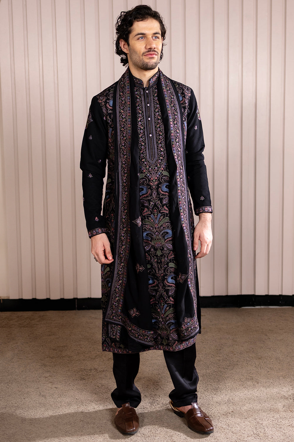 Black Silk-Wool Achkan with Multi-Colored Kashmiri Resham Embroidery