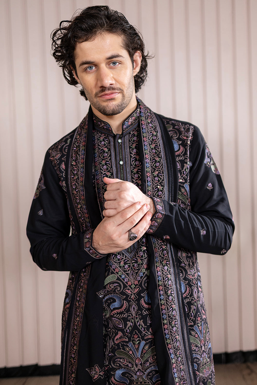 Black Silk-Wool Achkan with Multi-Colored Kashmiri Resham Embroidery