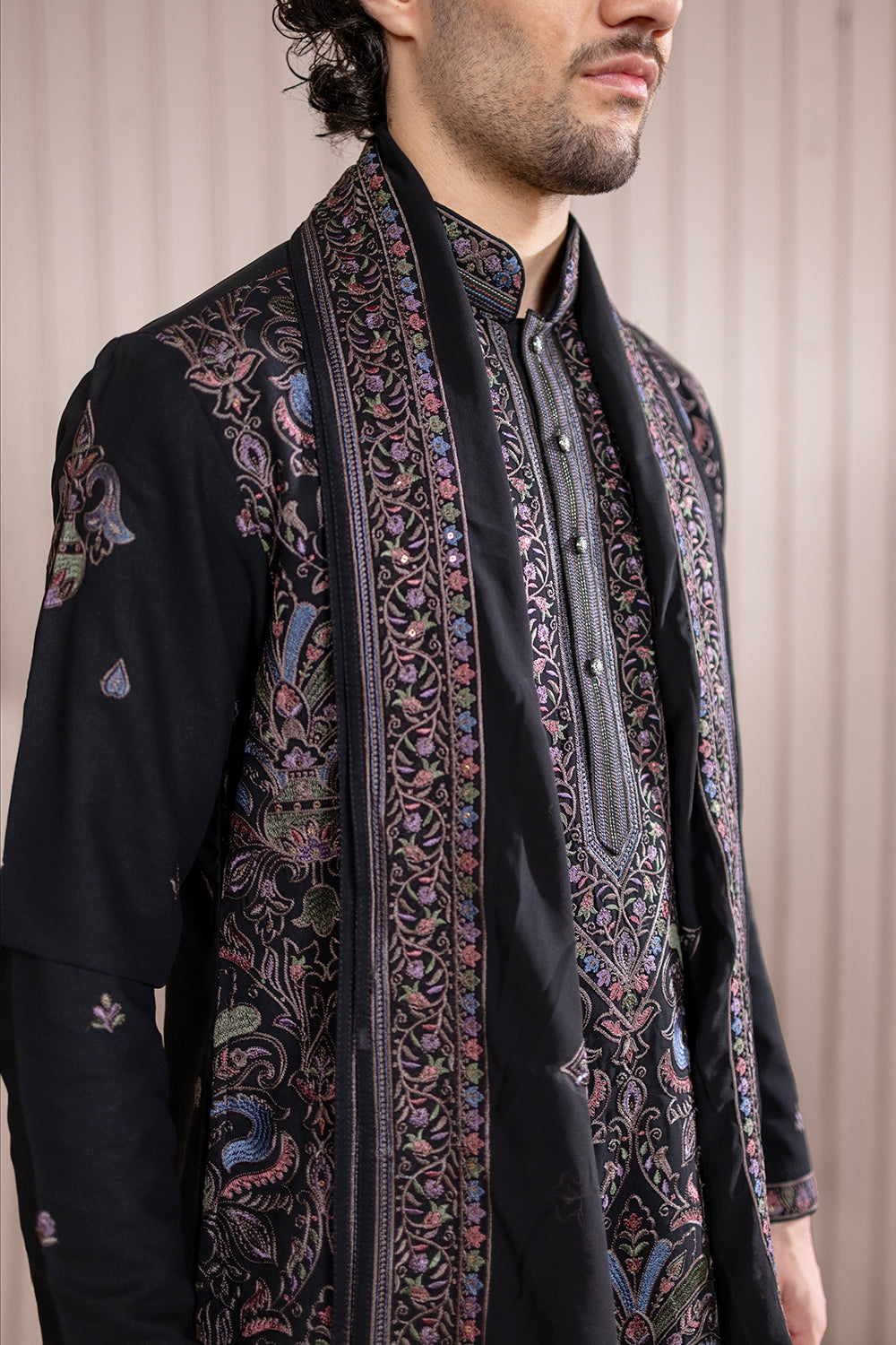 Black Silk-Wool Achkan with Multi-Colored Kashmiri Resham Embroidery