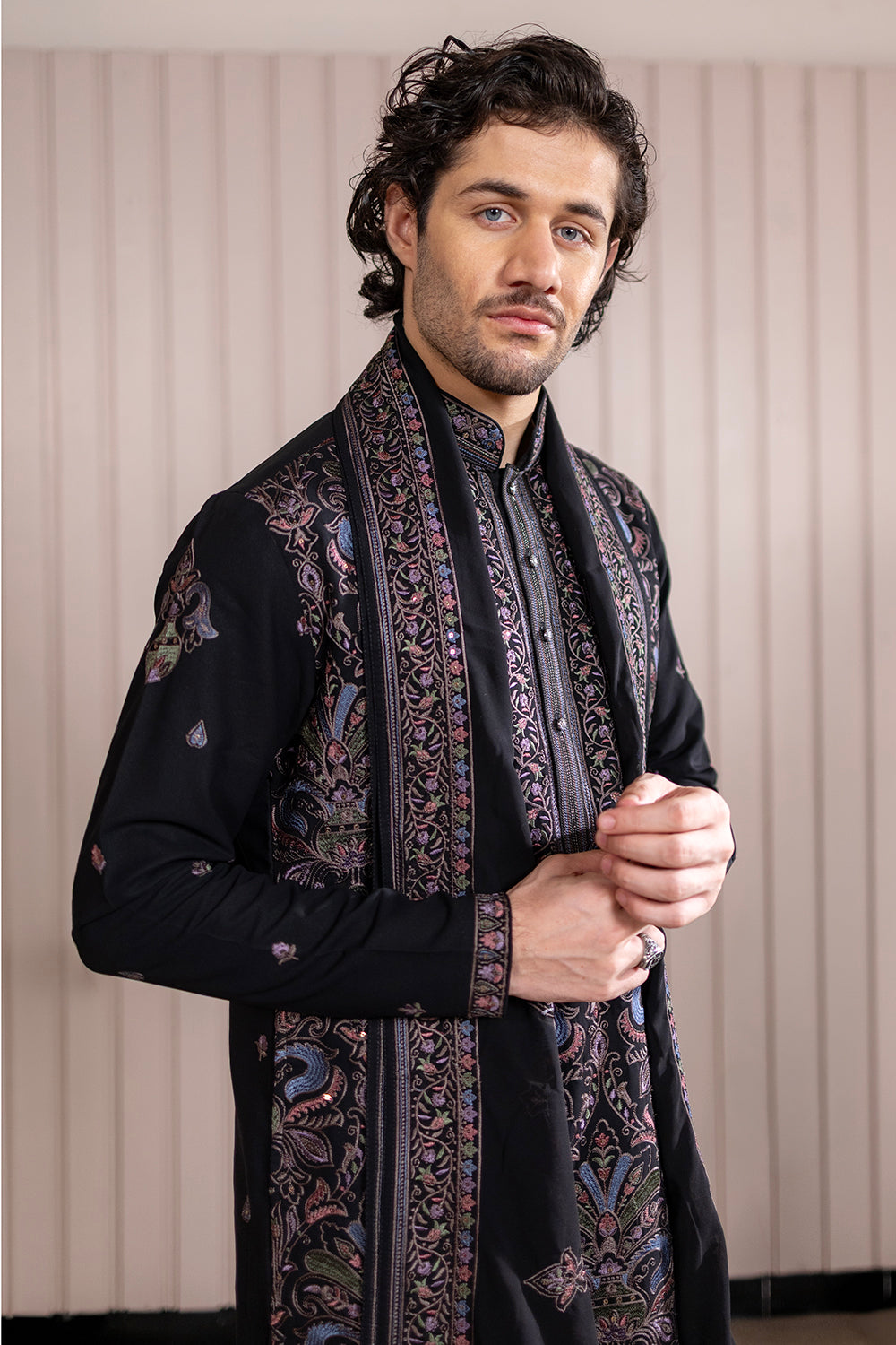 Black Silk-Wool Achkan with Multi-Colored Kashmiri Resham Embroidery