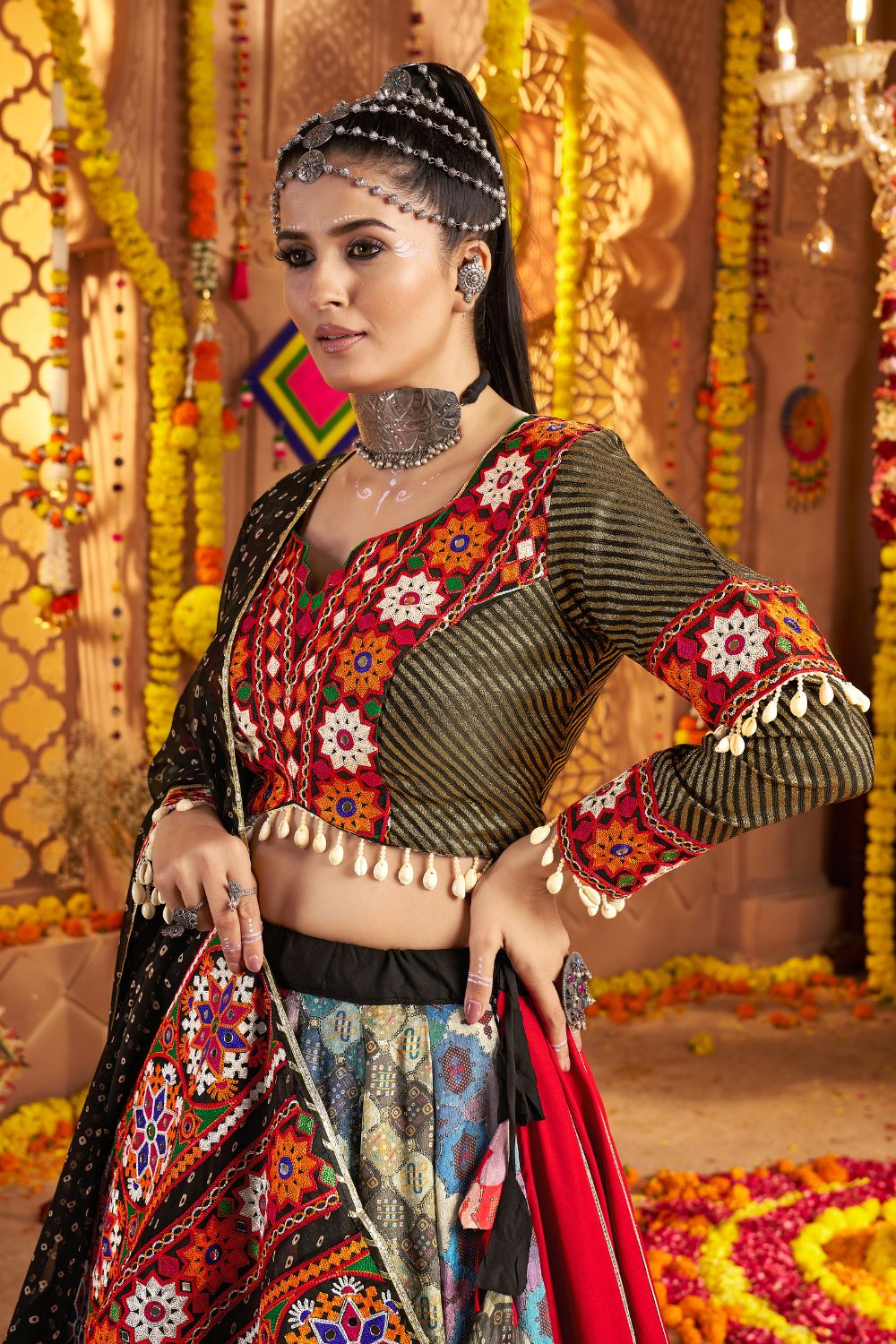 Black and Multi Viscose Rayon Navratri Lehenga Choli with Sequins and Thread Embroidery Work