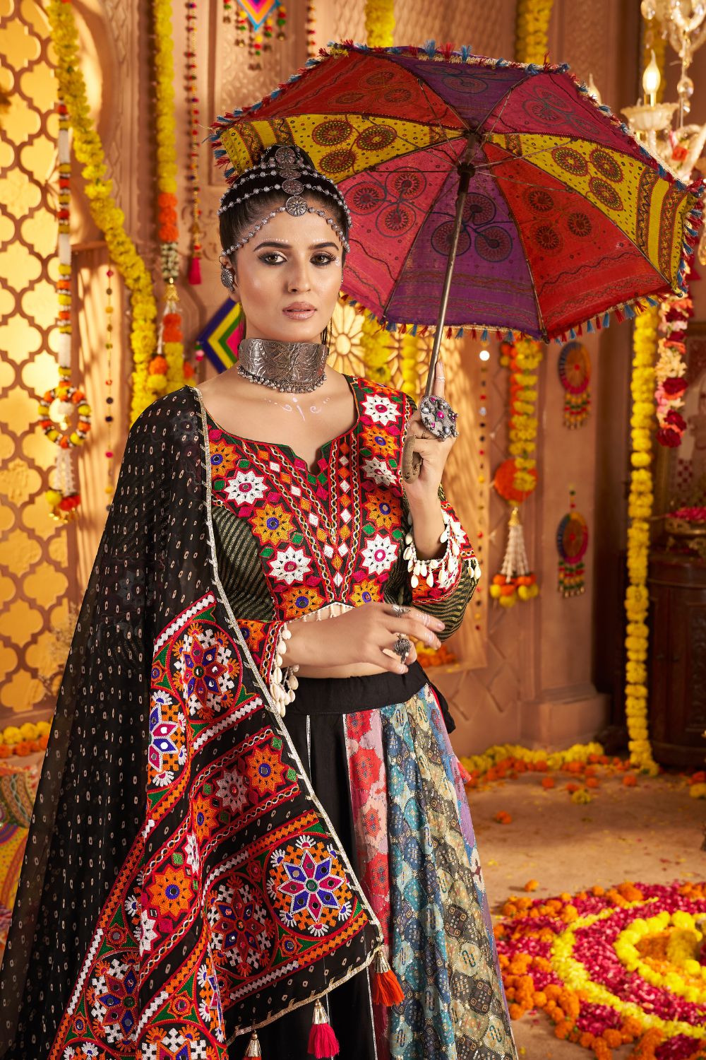 Black and Multi Viscose Rayon Navratri Lehenga Choli with Sequins and Thread Embroidery Work
