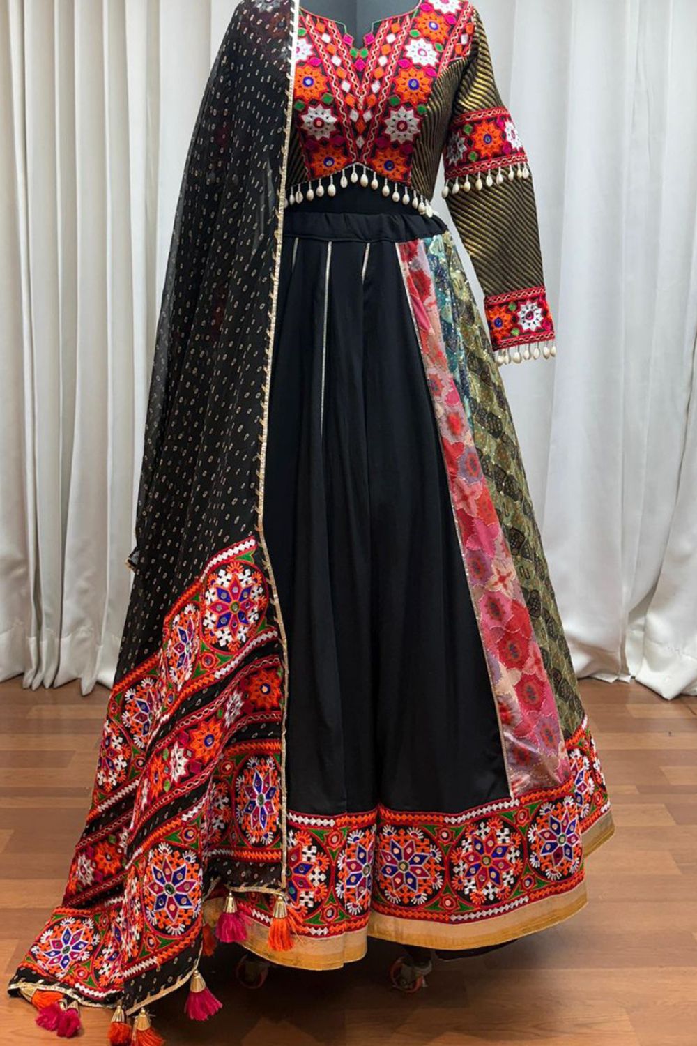 Black and Multi Viscose Rayon Navratri Lehenga Choli with Sequins and Thread Embroidery Work