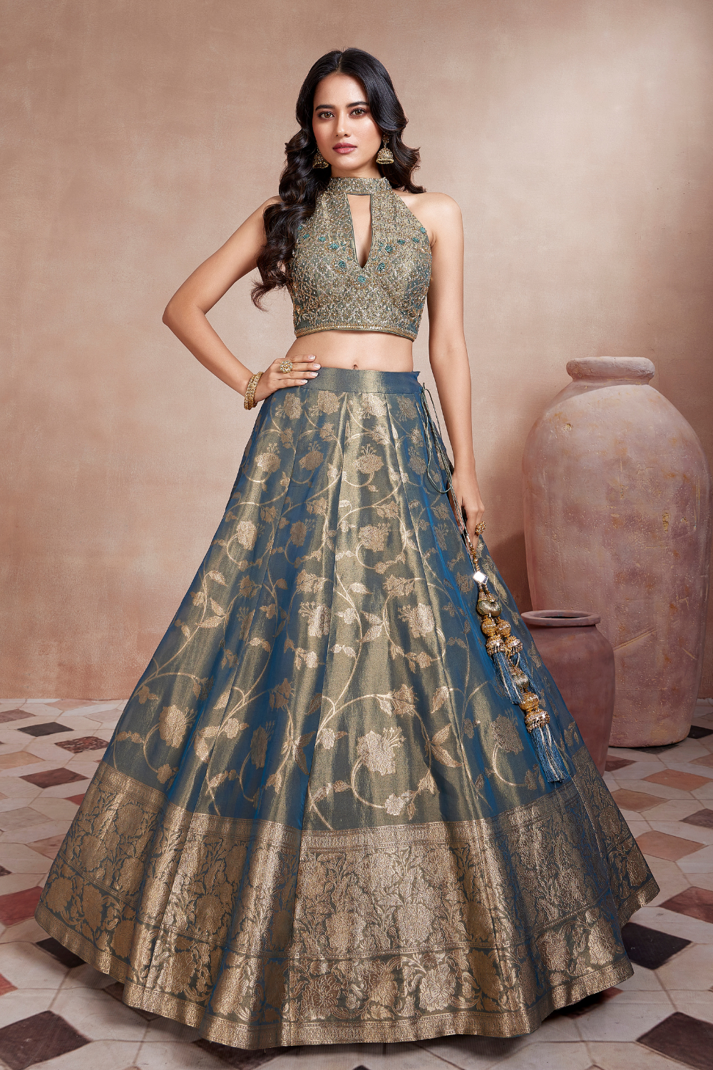 Blue and Gold Two Tone Tissue Lehnega With Halter Neck Blouse