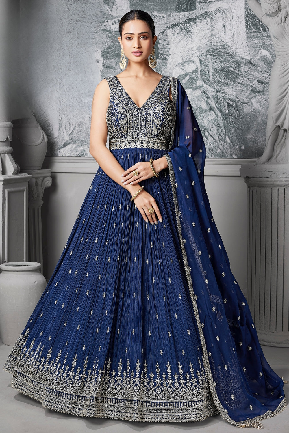 Blue Chinon Anarkali Set with Embroidery and Sequins