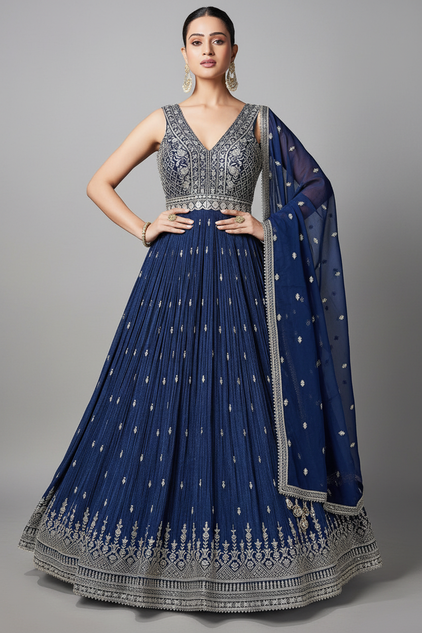 Blue Chinon Anarkali Set with Embroidery and Sequins
