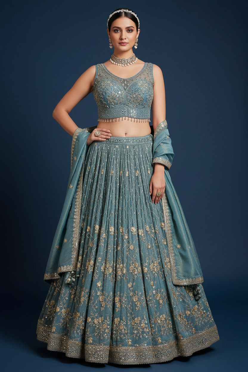 Blue Crushed Tissue Sequinned Designer Lehenga