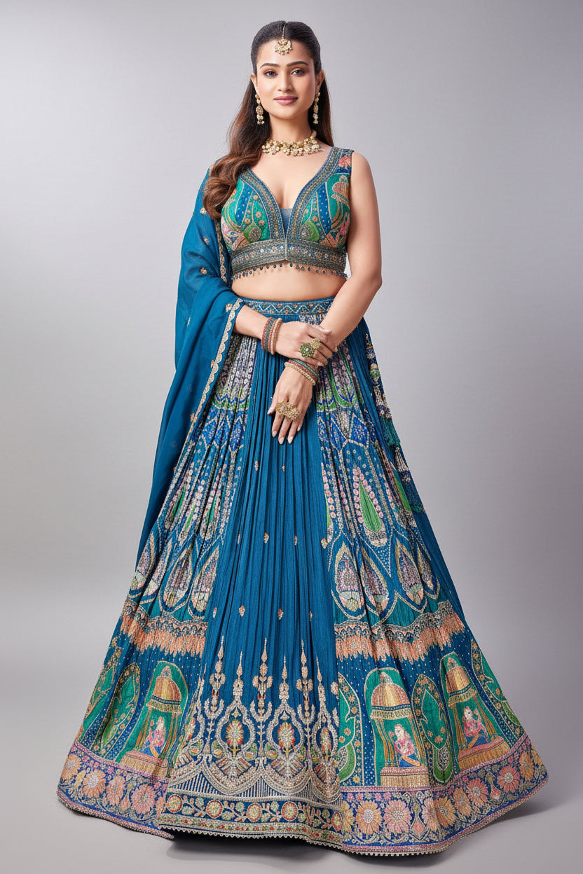 Blue Chinon Lehenga Set with Embroidery and Sequins Work