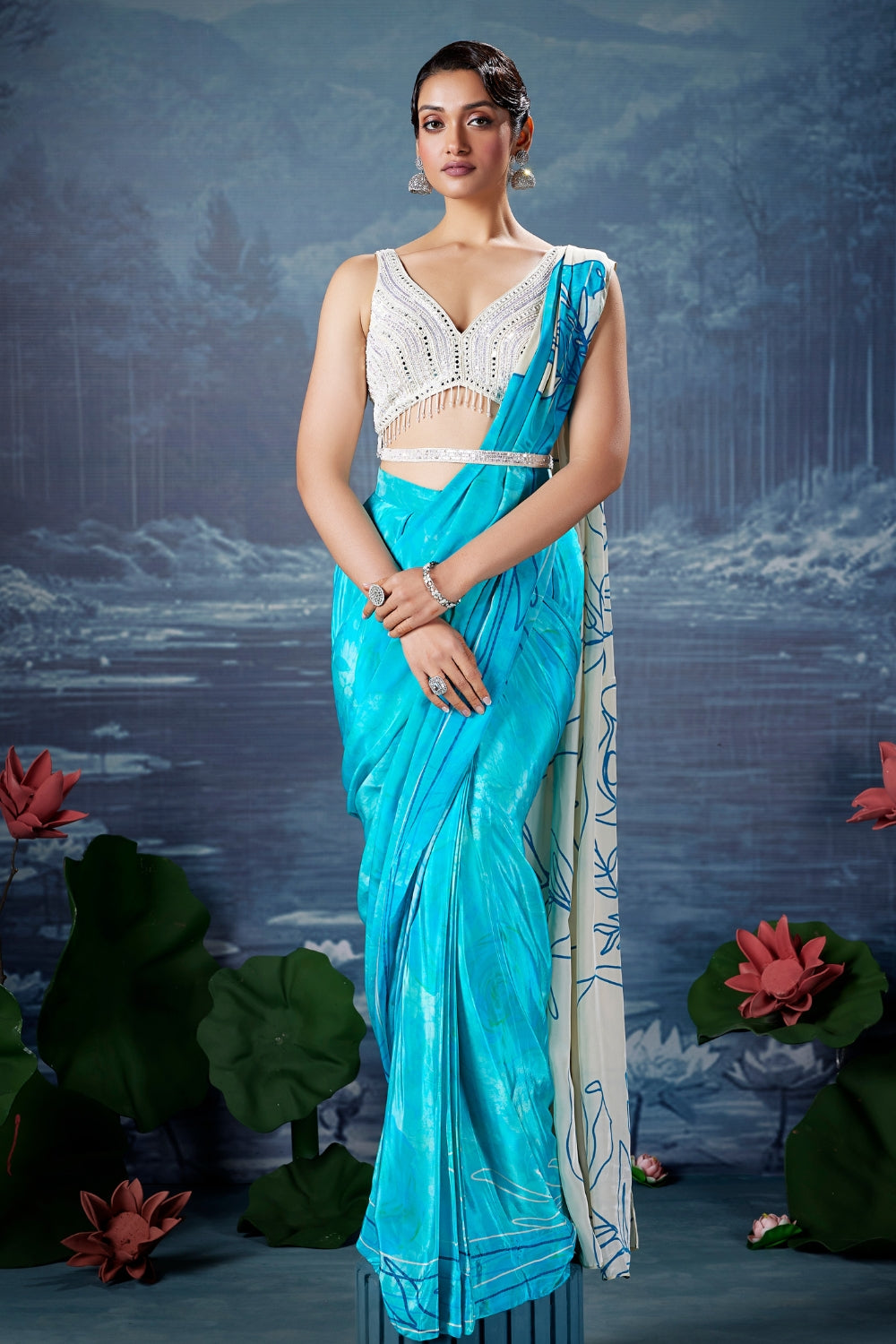 Blue Crape Silk Drape Saree with Mirror and Moti
