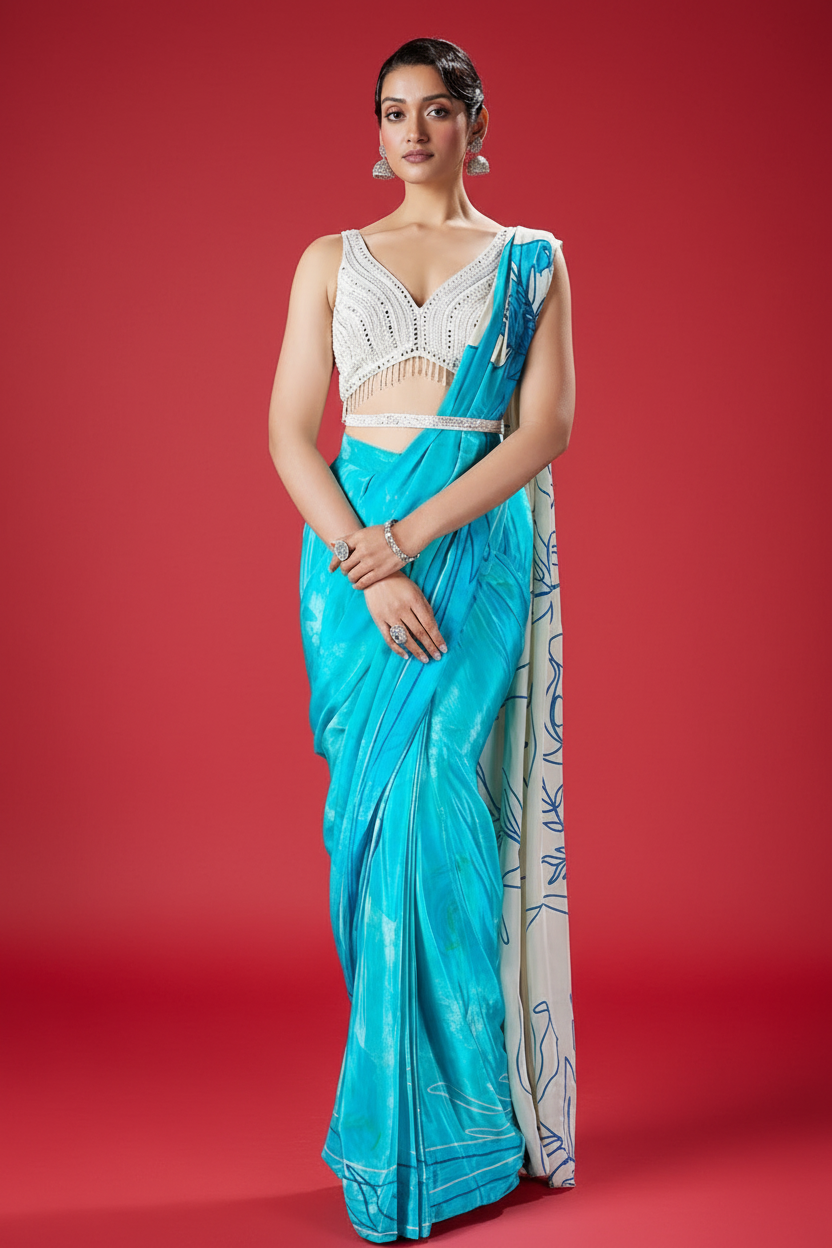Blue Crape Silk Drape Saree with Mirror and Moti