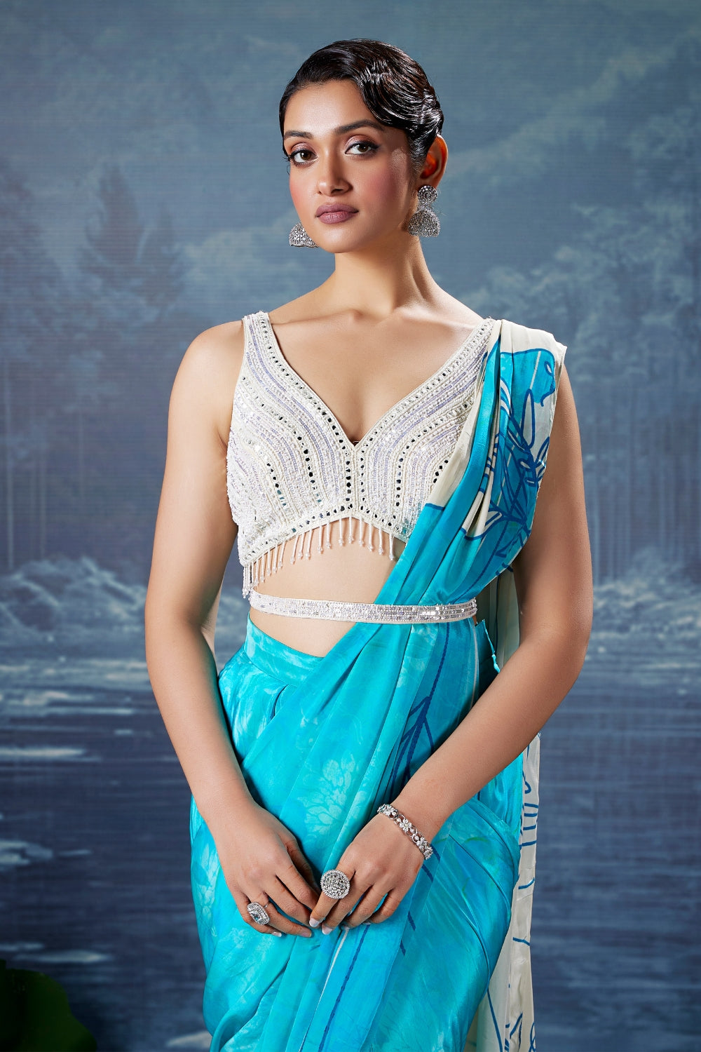 Blue Crape Silk Drape Saree with Mirror and Moti