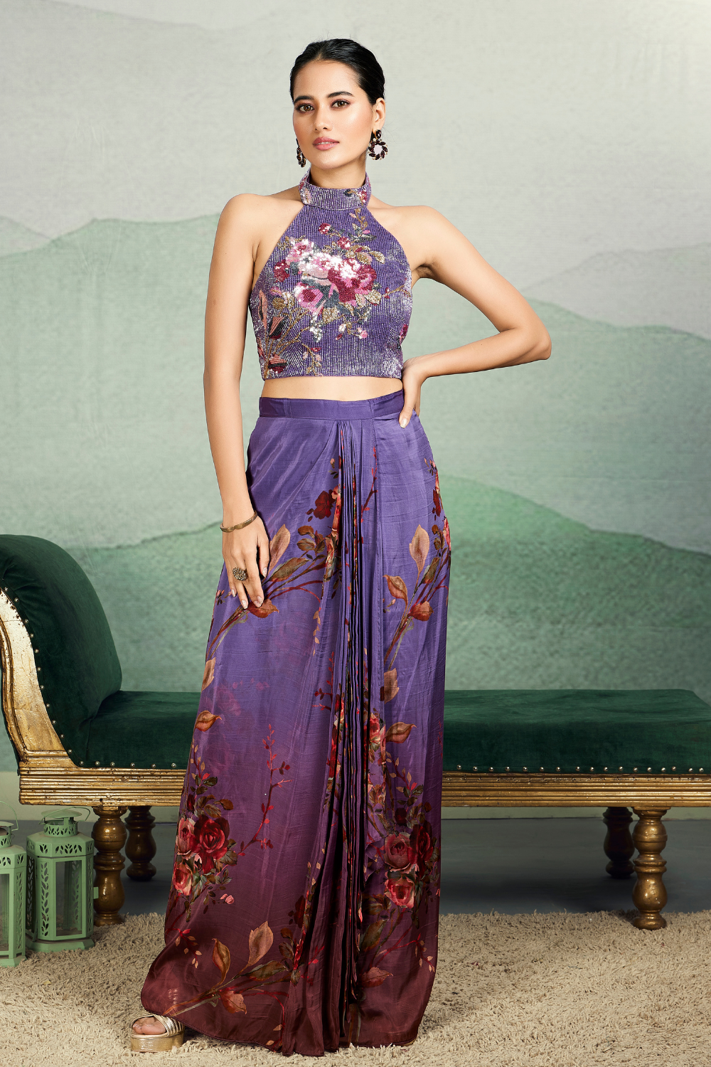 Blue Crepe Silk Digital Printed Crop Top Palazzo Set With Halter Neck Blouse