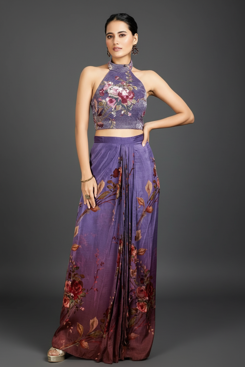 Blue Crepe Silk Digital Printed Crop Top Palazzo Set With Halter Neck Blouse