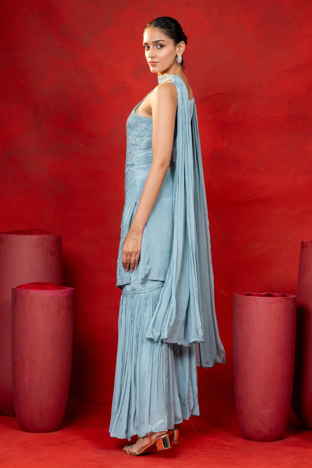 Blue Crepe Silk Suit Set with Cutdana and Moti Work