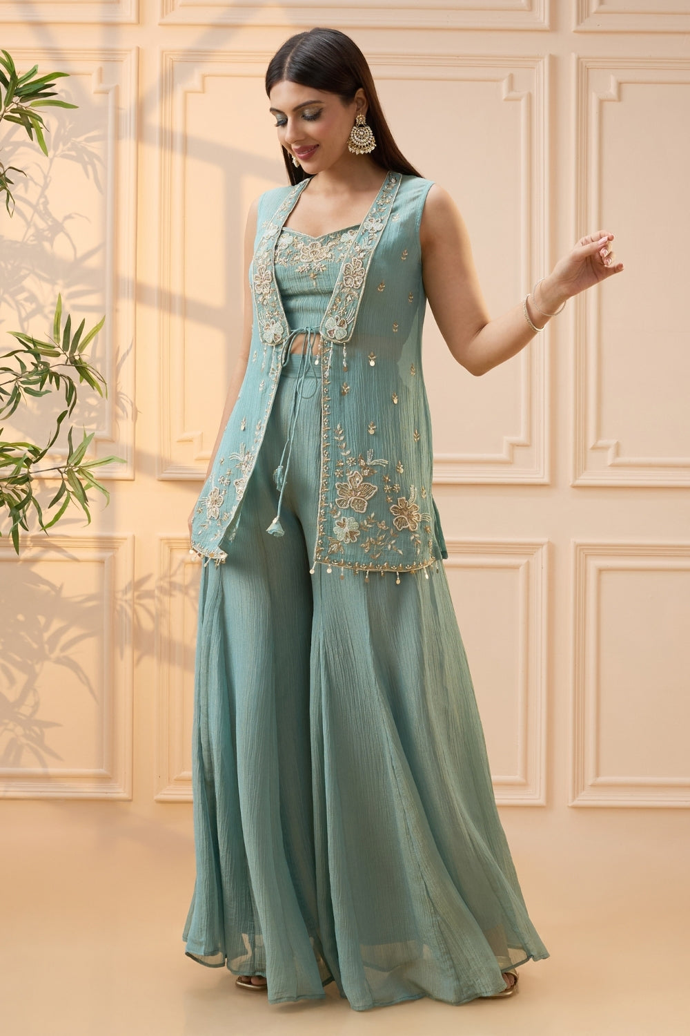 Blue Crush Tissue Palazzo Set with Cutdana and Moti Work