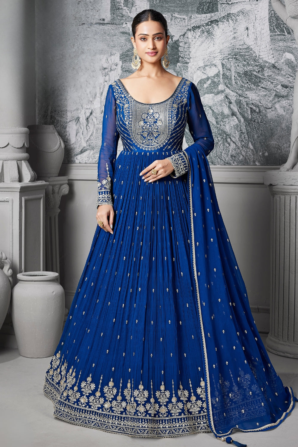 Blue Georgette Anarkali Set with Embroidery and Sequins Work