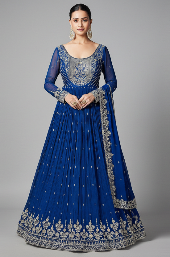 Blue Georgette Anarkali Set with Embroidery and Sequins Work