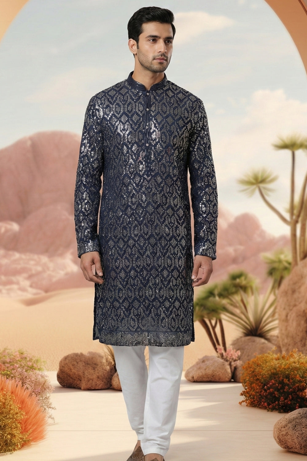 Blue Georgette Kurta Set with Sequins Work