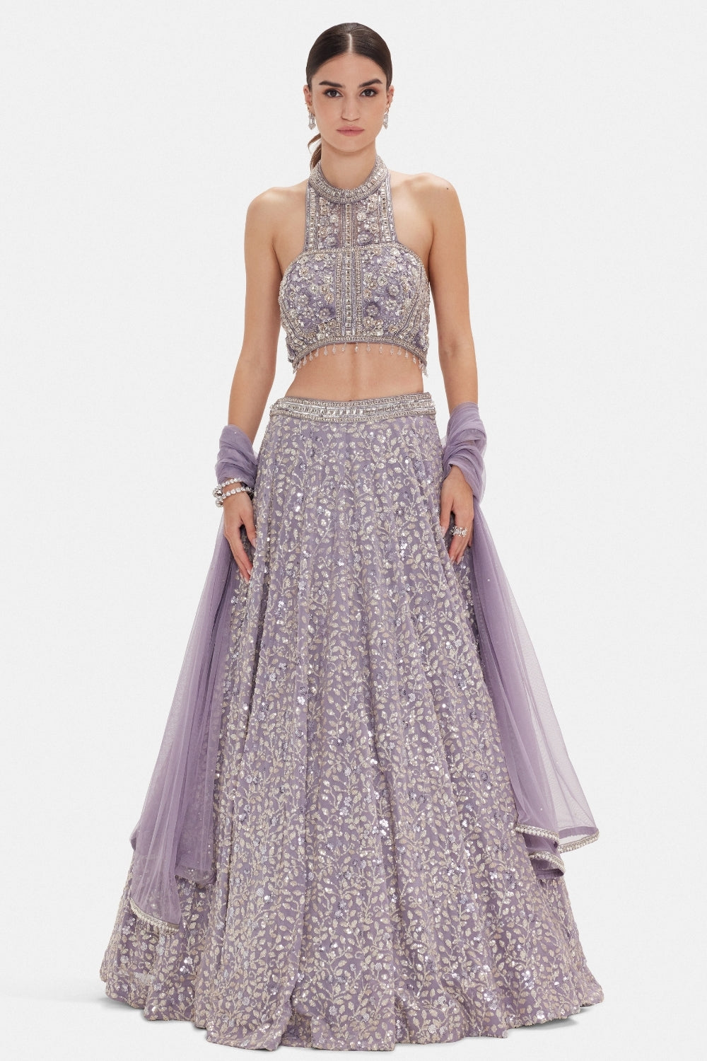 Blue Georgette Lehenga Set with Sequins and Moti Work