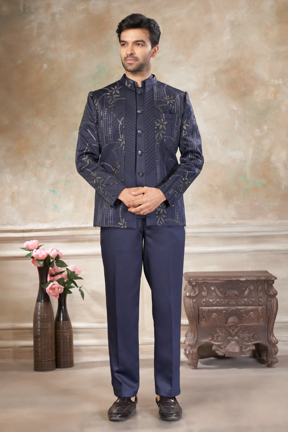 Blue Imported Jodhpuri Set with Embroidery and Sequins Work