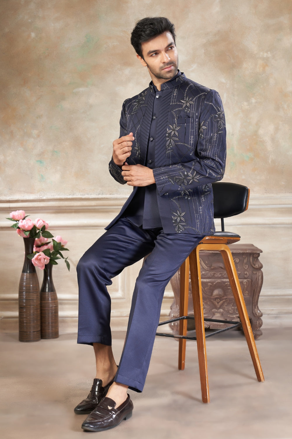 Blue Imported Jodhpuri Set with Embroidery and Sequins Work