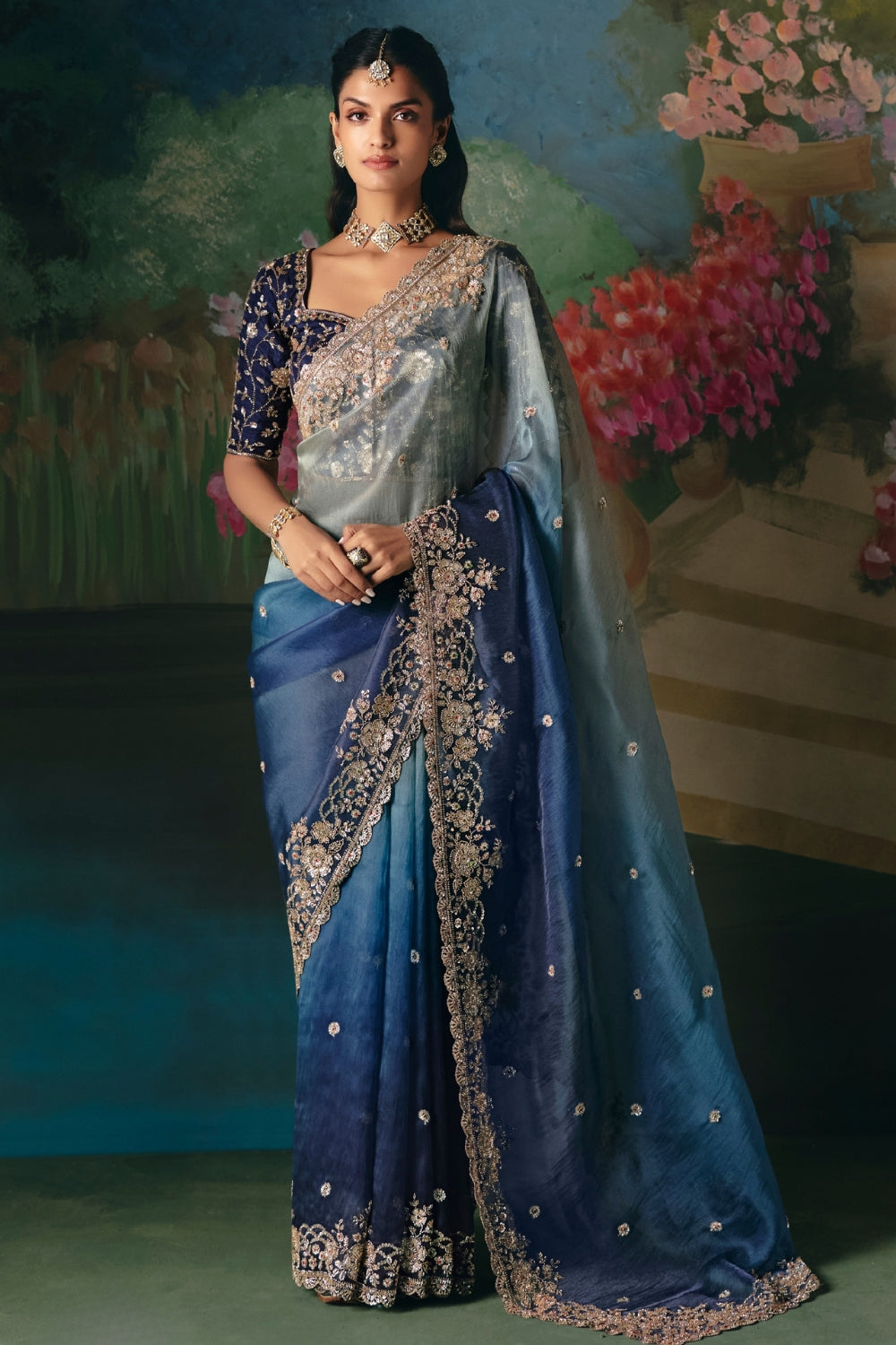 Blue Ombre Silk Saree with Cutdana and Moti Work