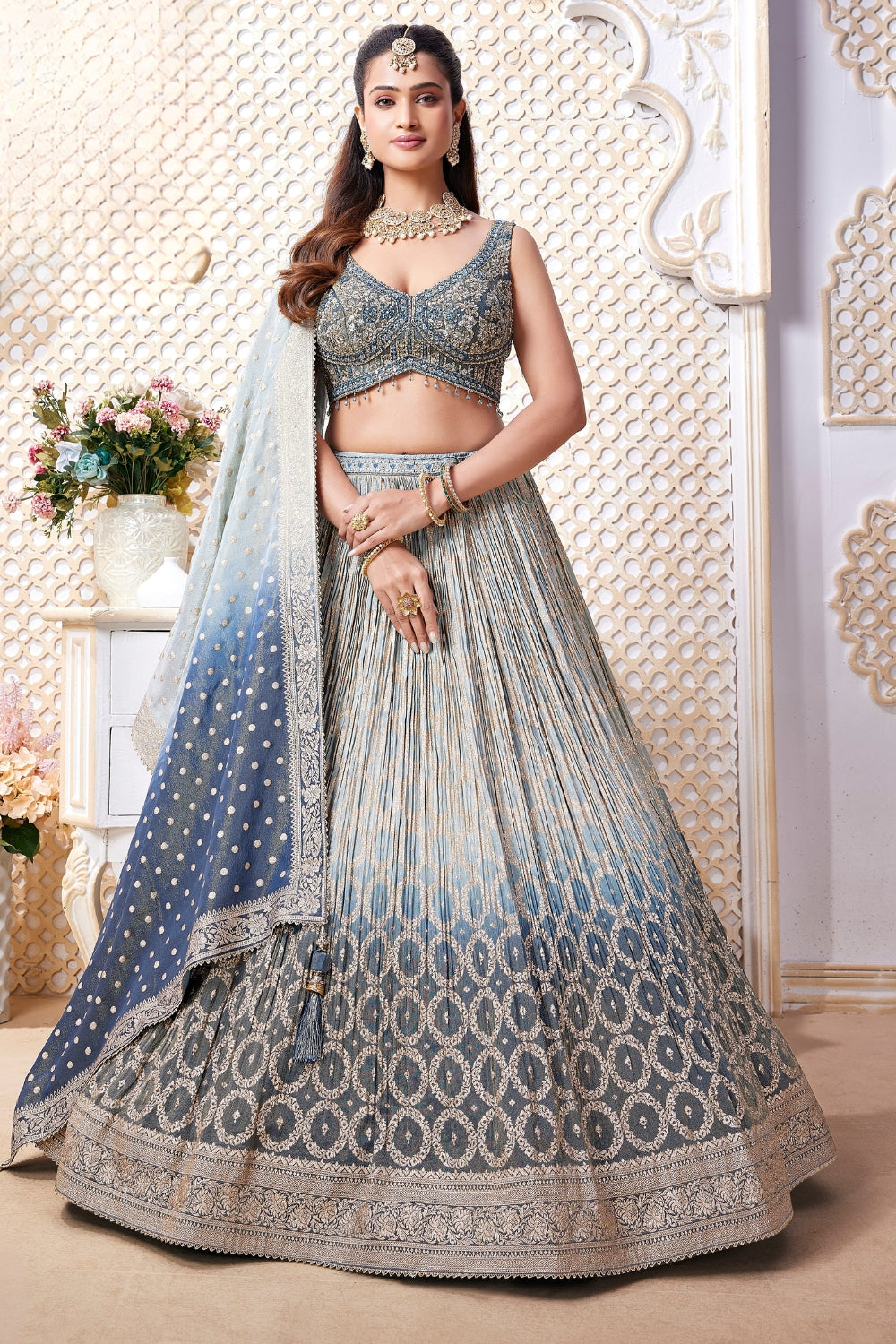 Blue Ombre Tissue Lehenga Set with Embroidery and Mirror Work