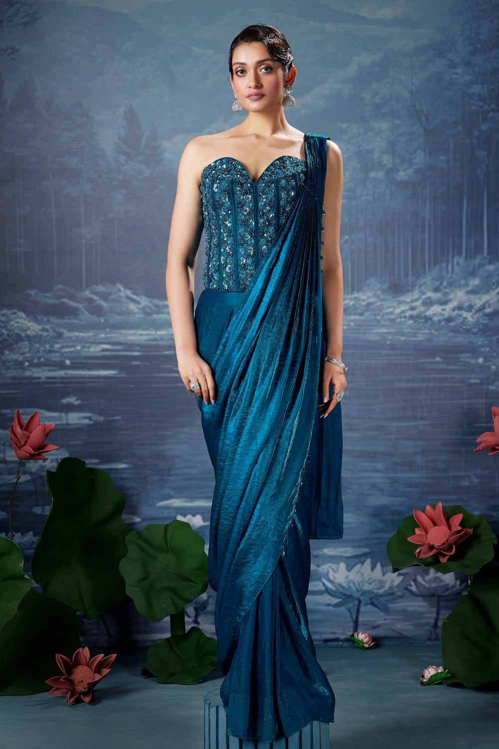 Blue Satin Silk Draped Saree with Cutdana and Moti