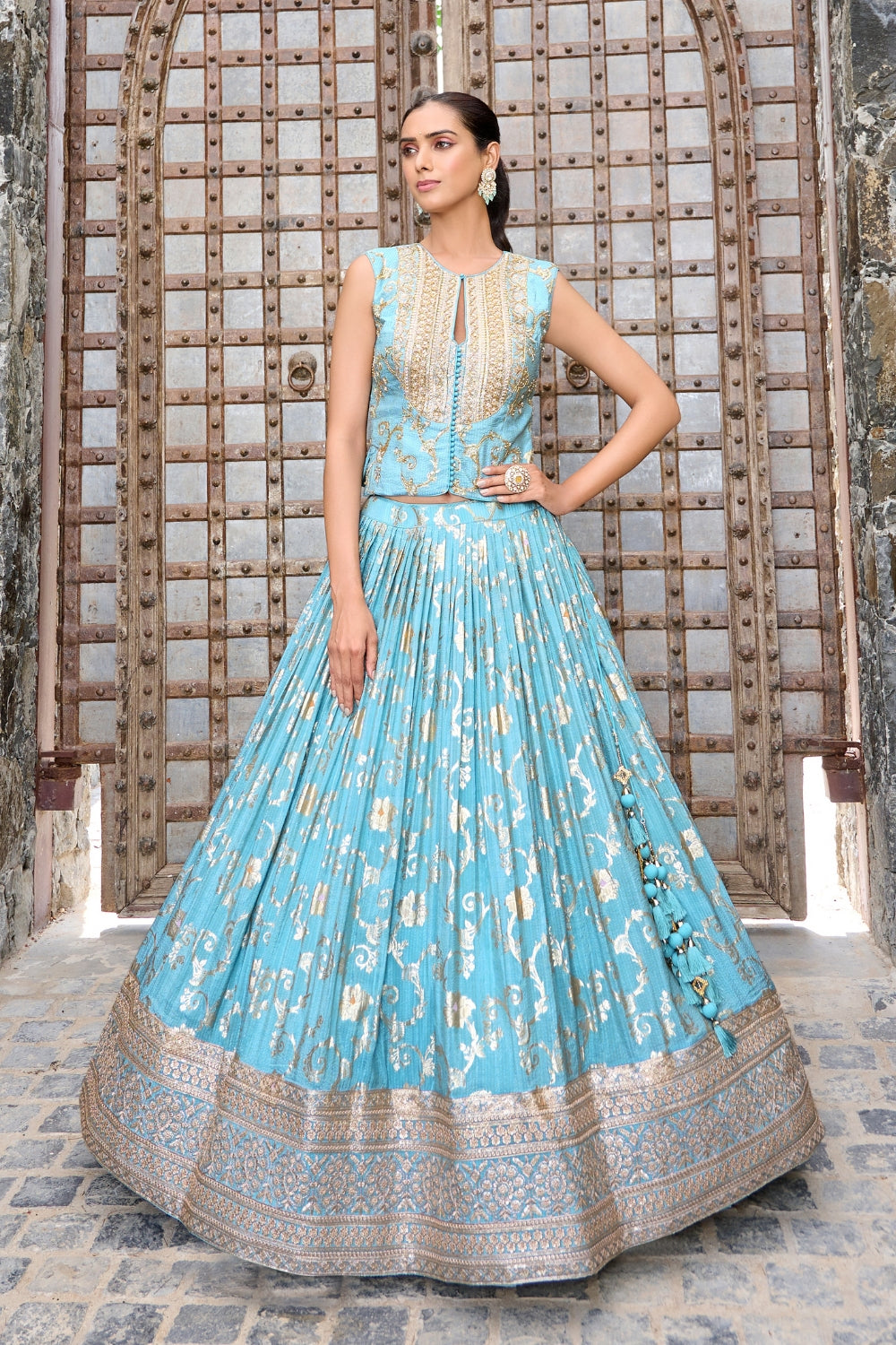 Blue Silk Lehenga Set with Cutdana and Moti Work