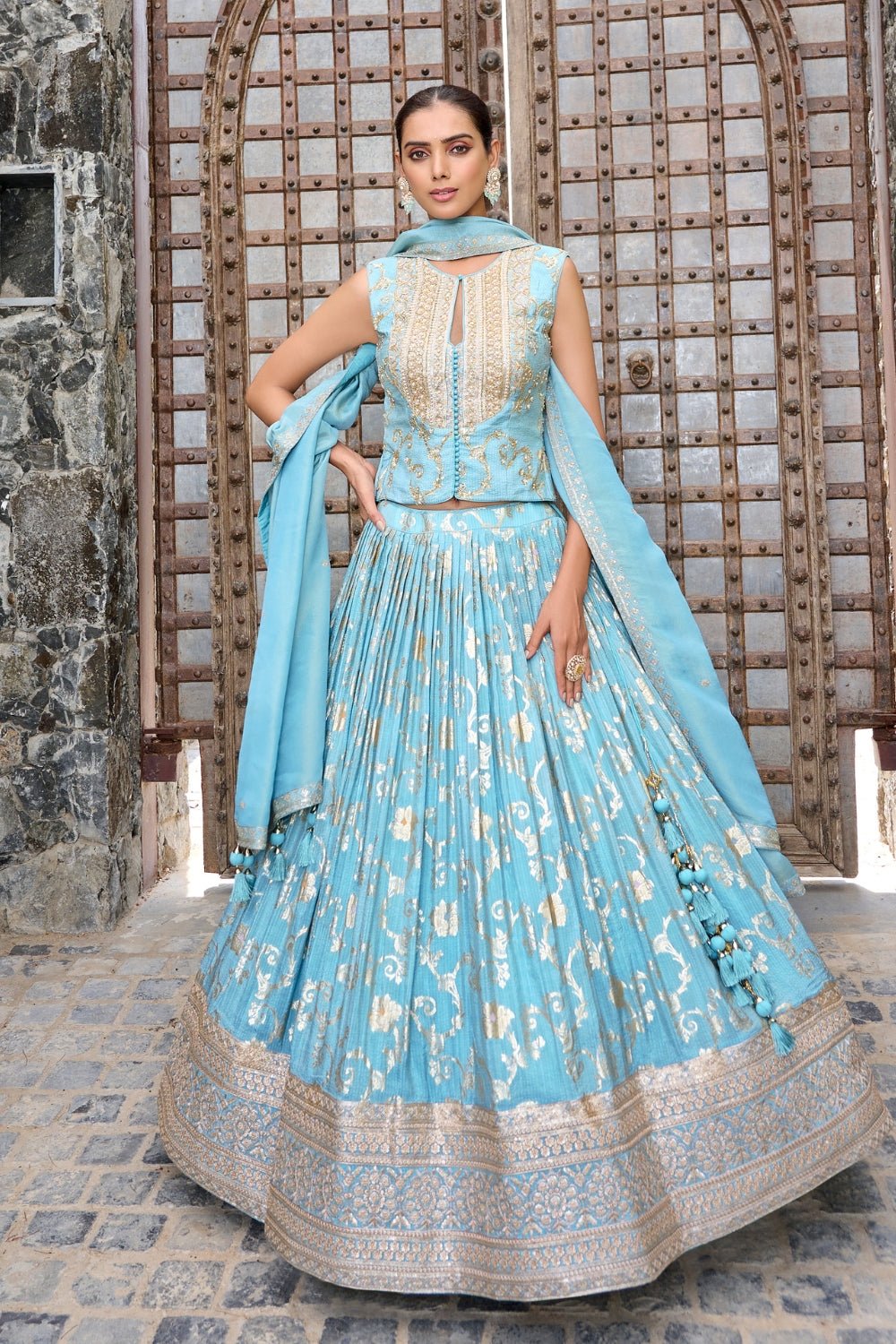 Blue Silk Lehenga Set with Cutdana and Moti Work