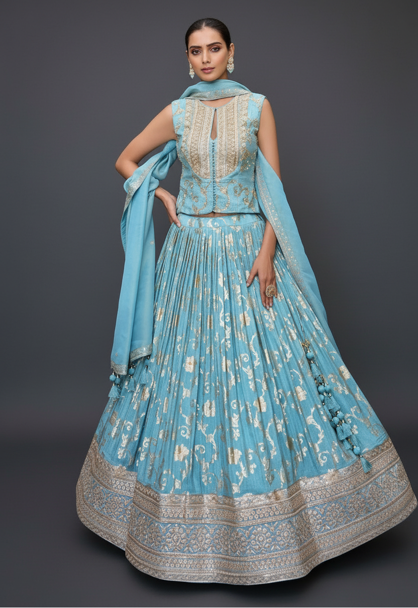 Blue Silk Lehenga Set with Cutdana and Moti Work
