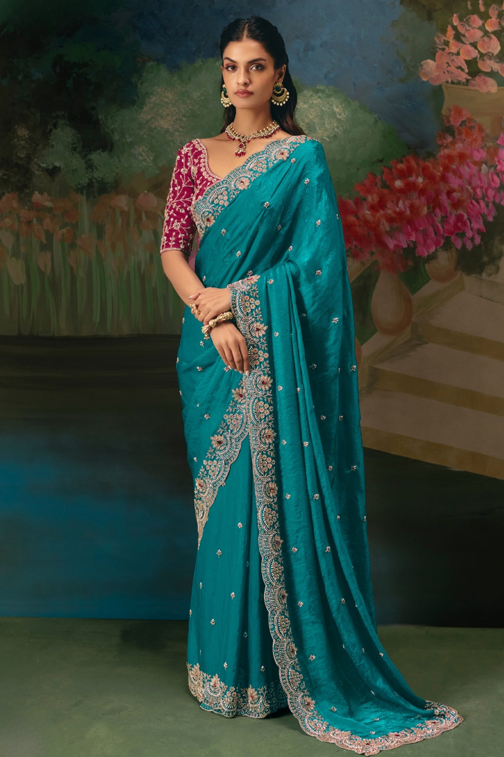 Blue Silk Saree with Cutdana and Moti Work