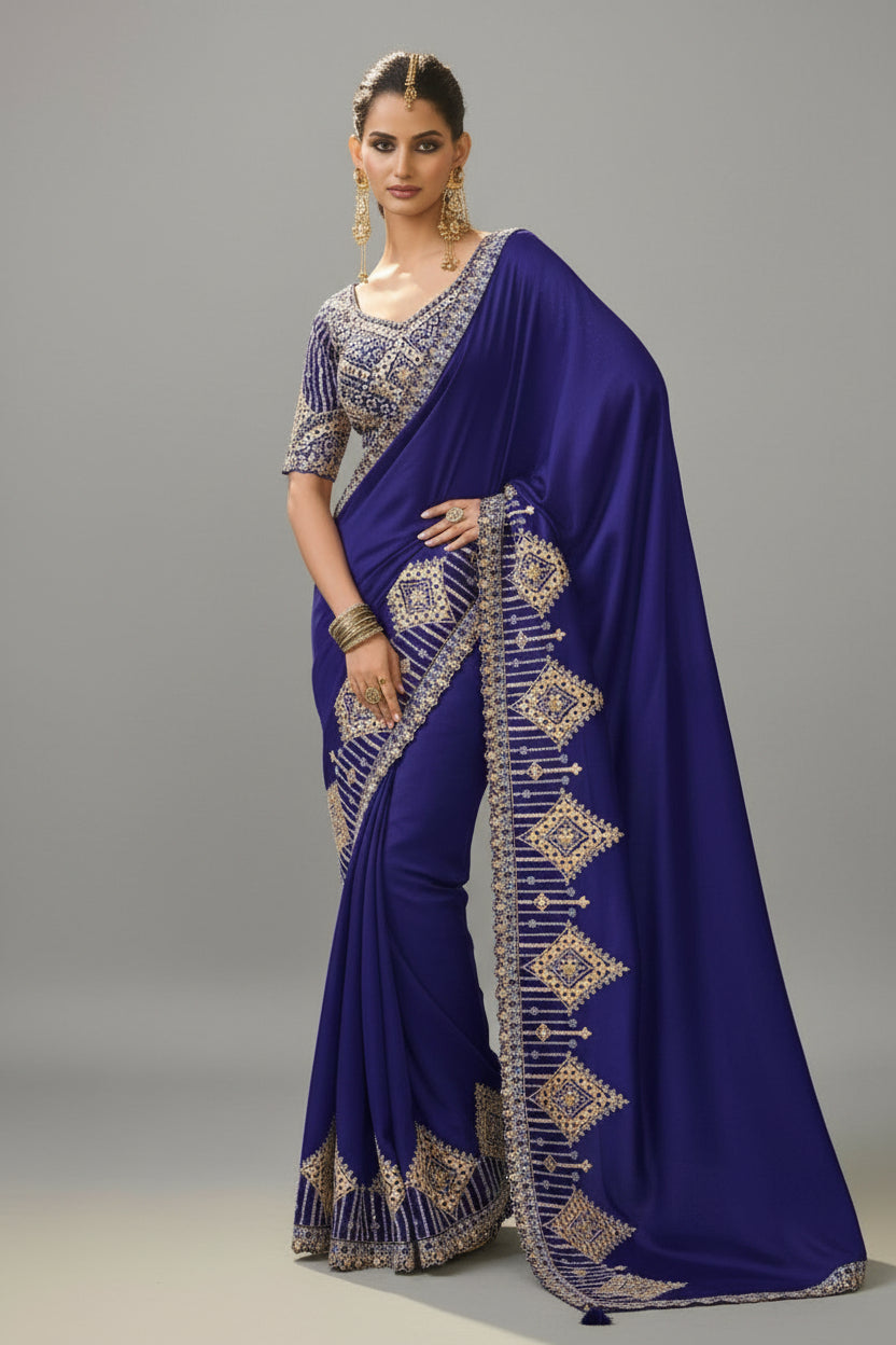 Blue Silk Saree with Embroidery and Sequins Work