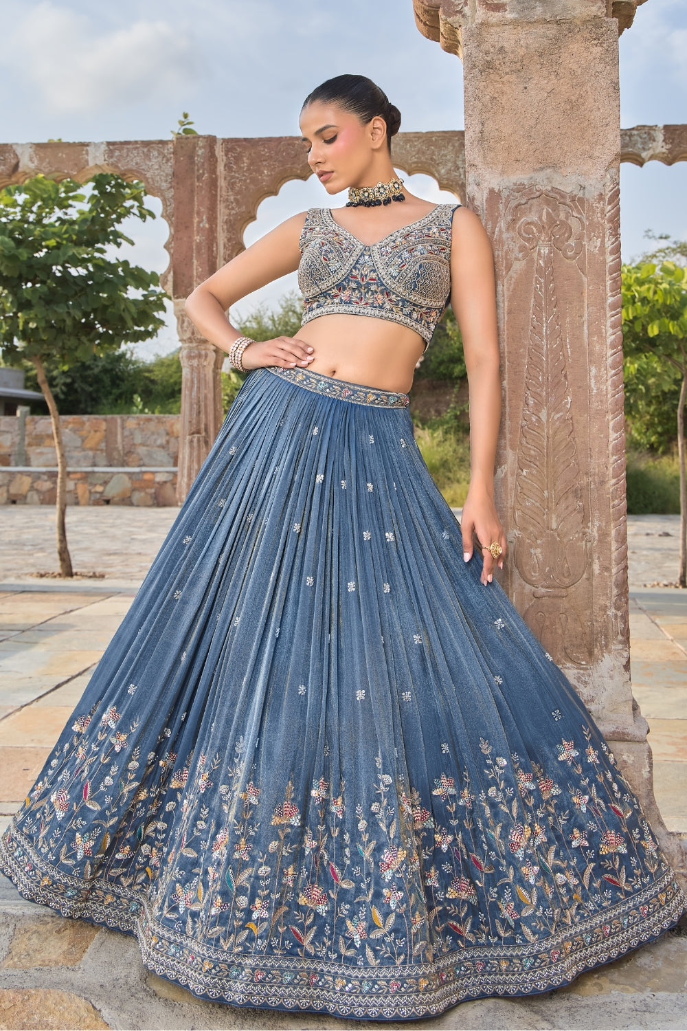 Blue Silk Tissue Lehenga Set with Sequins and Zardosi Work