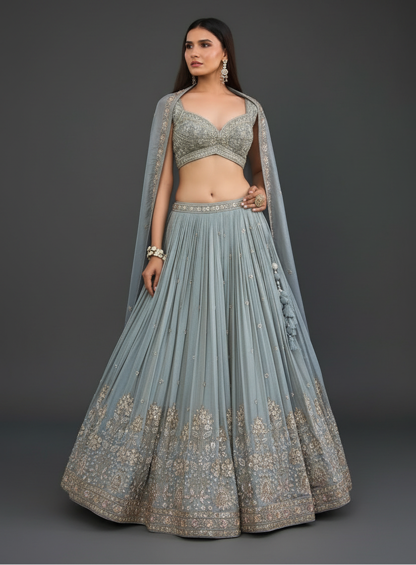 Blue Silk Tissue Lehenga Set with Cutdana and Moti Work