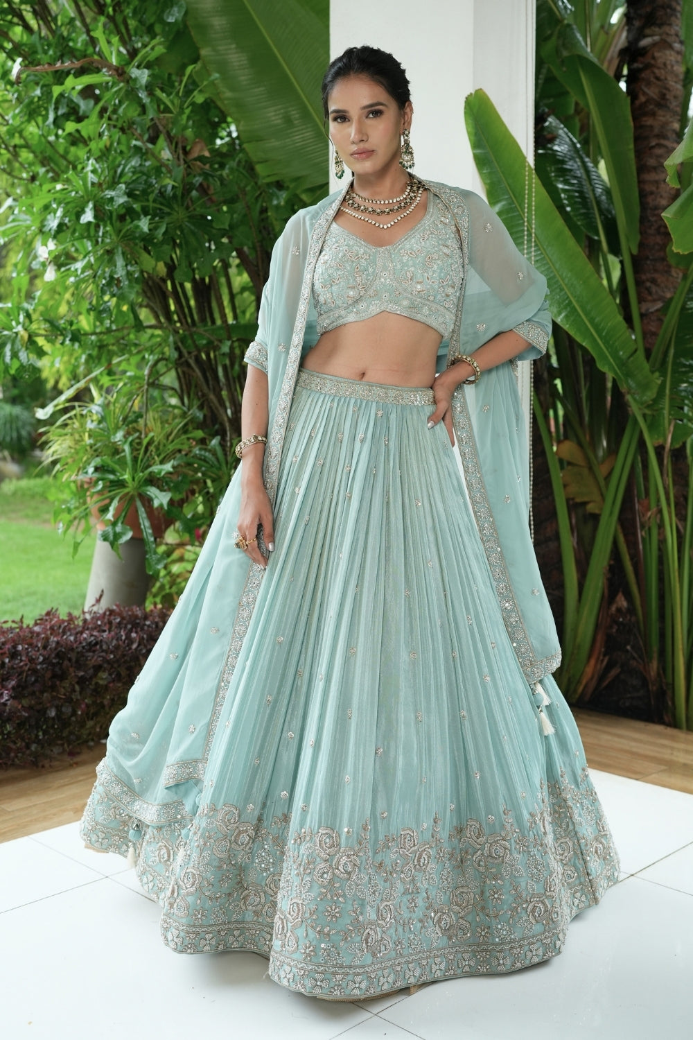 Blue Tissue Lehenga Set with Moti and Cutdana Work