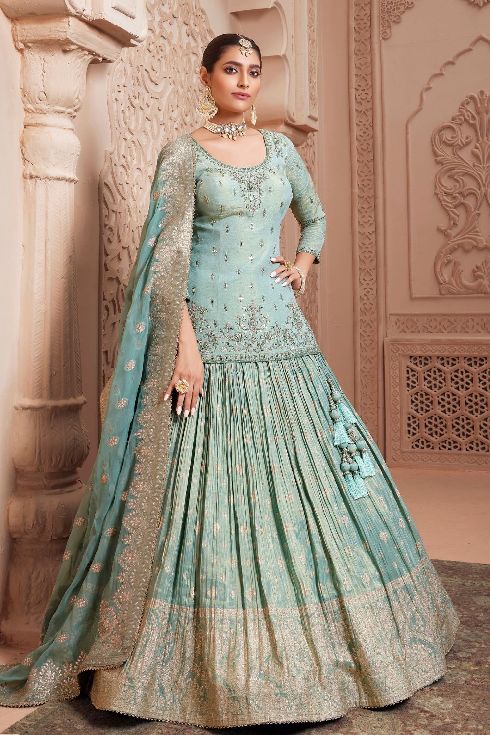 Blue Tissue Silk Designer Mirror and Bead Worked Lehenga Suit