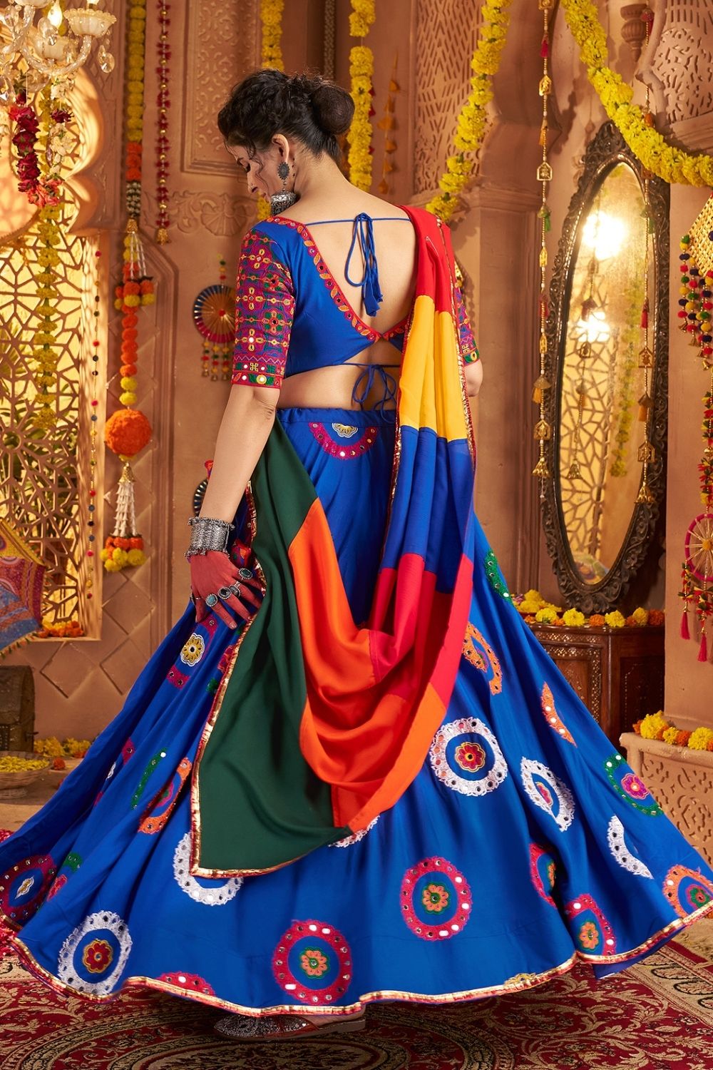 Blue Viscose Cotton Navratri Lehenga Choli With Thread Embroidered And All Over Mirror