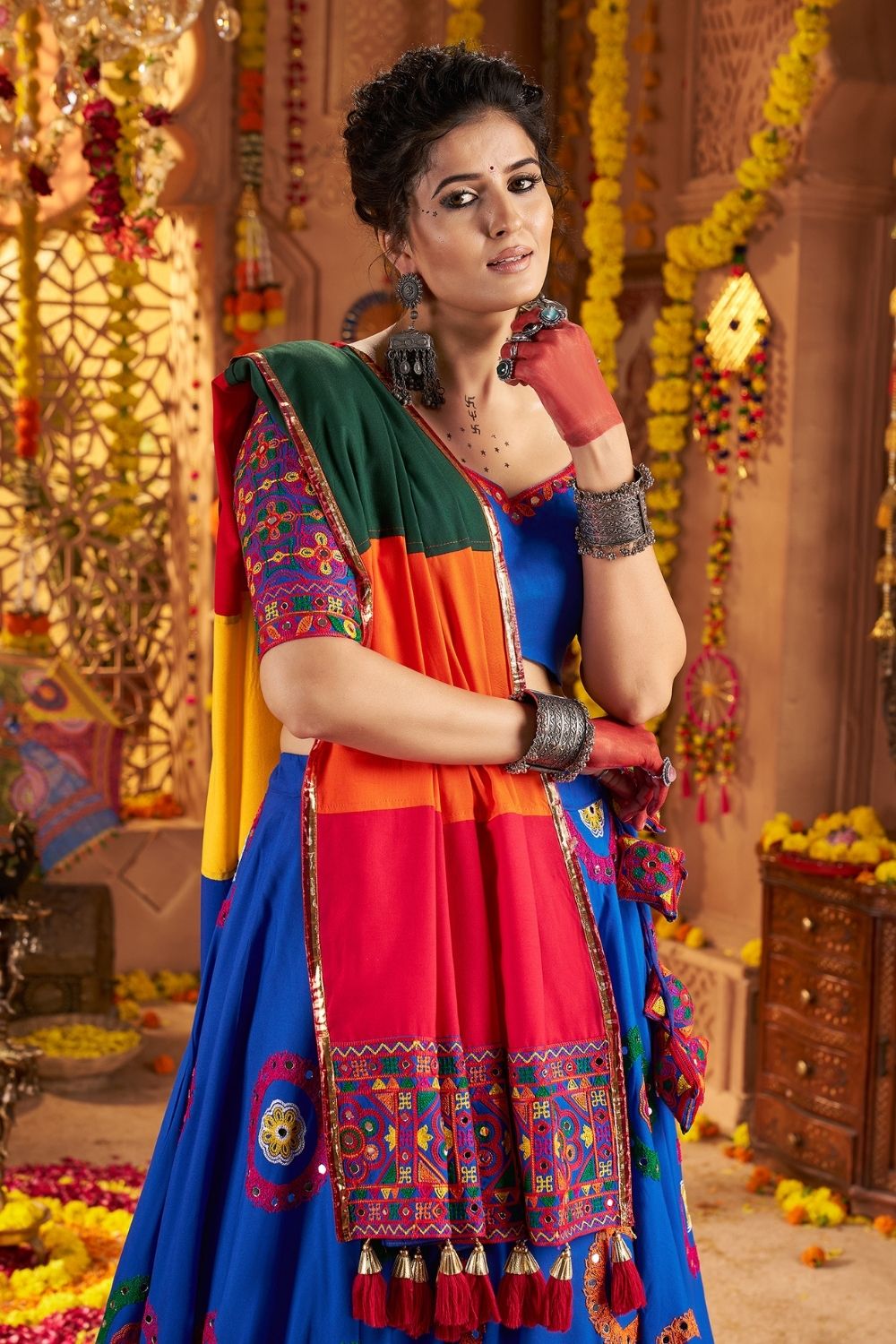 Blue Viscose Cotton Navratri Lehenga Choli With Thread Embroidered And All Over Mirror