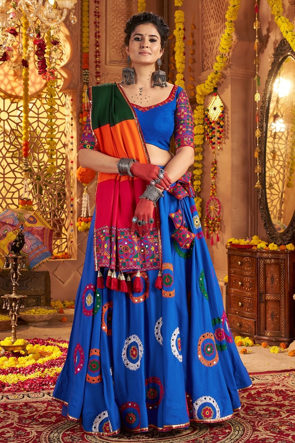 Blue Viscose Cotton Navratri Lehenga Choli With Thread Embroidered And All Over Mirror