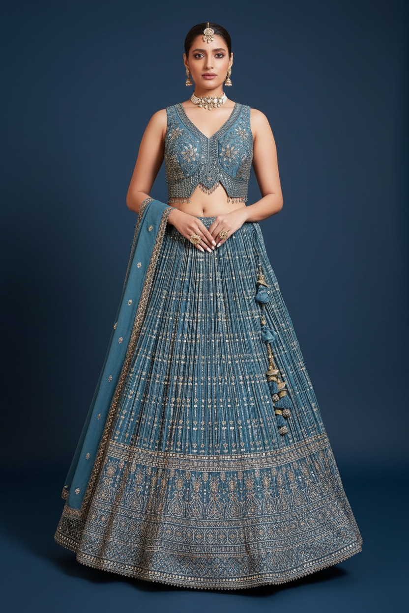 Blue Chinon Georgette Sequin and Zari Embroidered Flared Lehenga