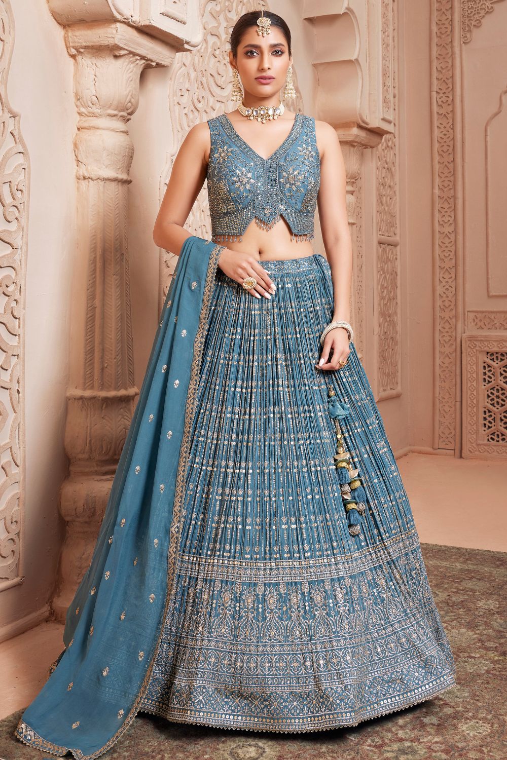 Blue Chinon Georgette Sequin and Zari Embroidered Flared Lehenga