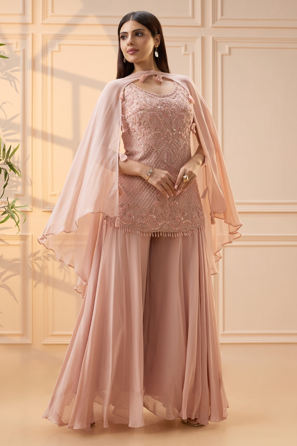 Blush Pink Georgette Palazzo Set with Cutdana and Moti Work