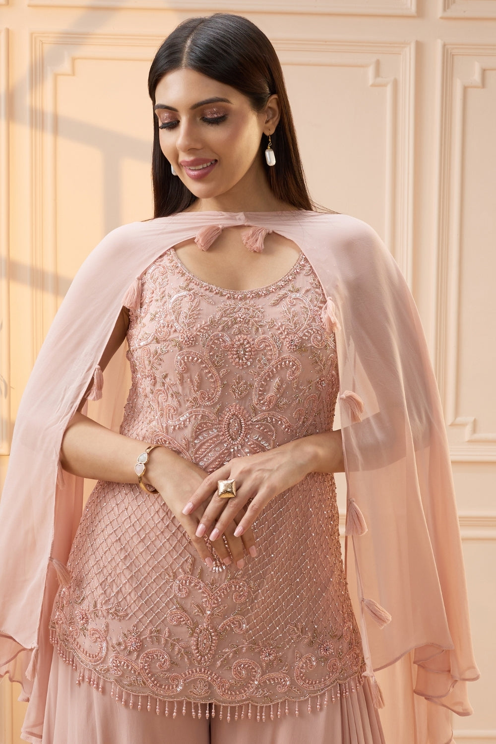 Blush Pink Georgette Palazzo Set with Cutdana and Moti Work