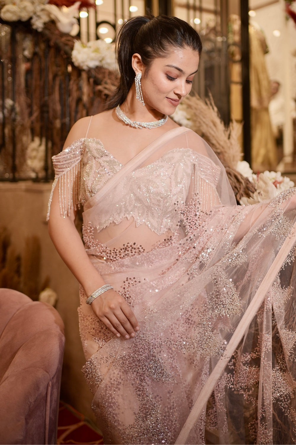 Blush Pink Net Party Wear Saree with Sequins and Moti Work