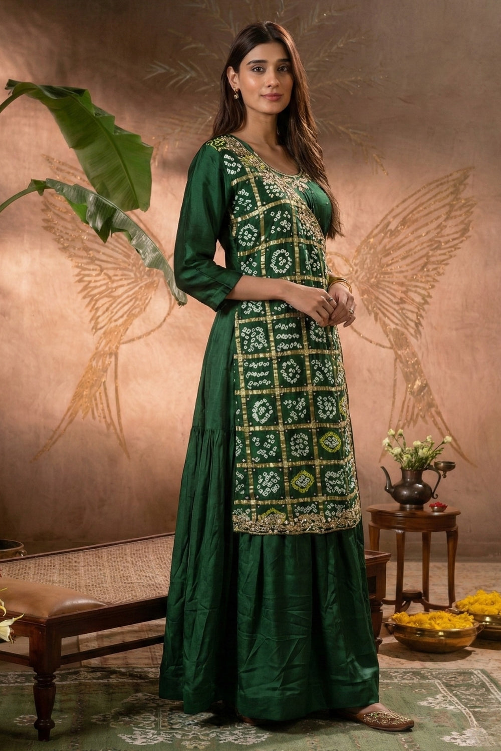 Bottle Green Gajji Silk Anarkali Set with Cutdana and Moti Work