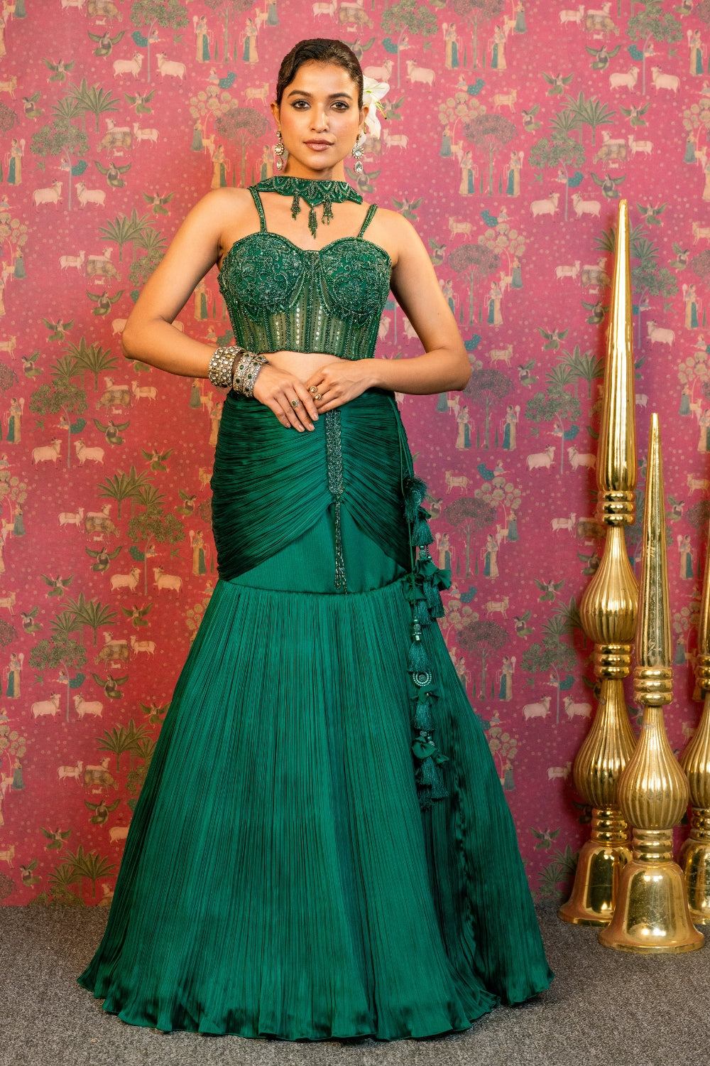 Bottle Green Silk Lehenga Choli Set with Cutdana and Sequins Work