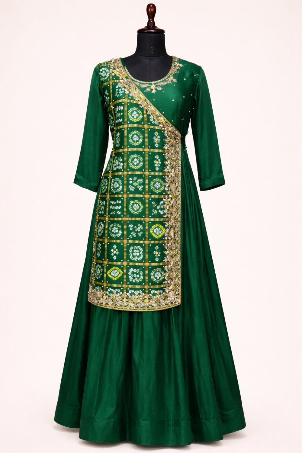 Bottle Green Gajji Silk Anarkali Set with Cutdana and Moti Work