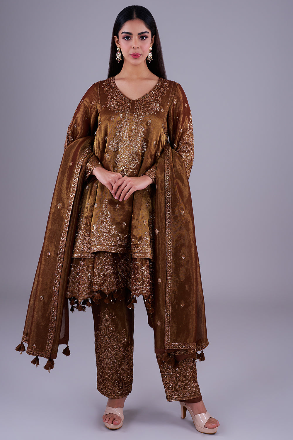 Bronze embroidered co-ord with dupatta