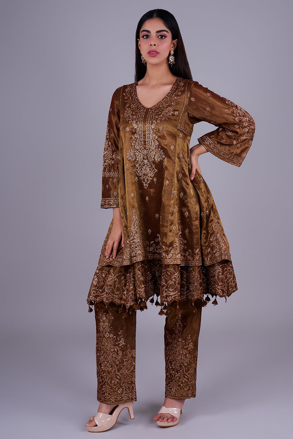 Bronze embroidered co-ord with dupatta